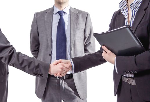 Closeup of a business handshake for closing deal isolated on white background