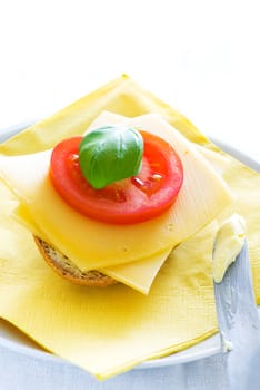 Cheese Sandwich with tomato and a leaf of basil