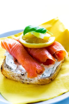 Sandwich with smoked salmon and soft cheese