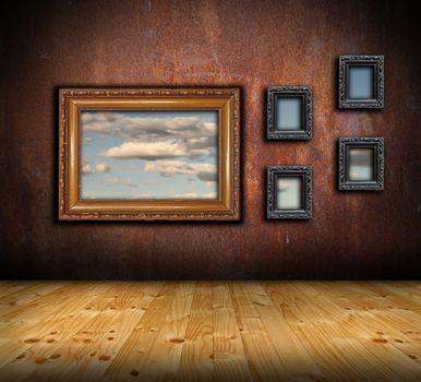 abstract architectural interior backdrop with frames on rusty wall and wooden floor