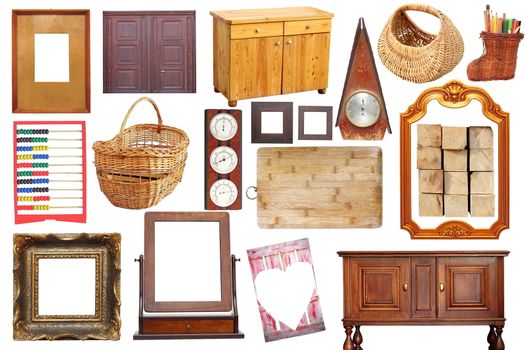 collage with antique wooden  objects isolated over white background