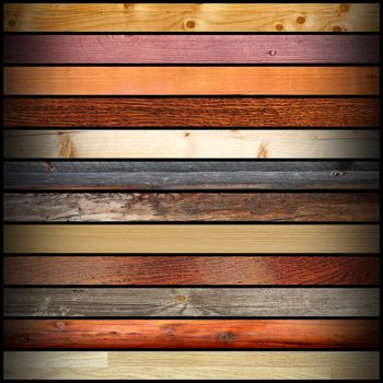 collage with colorful different wood boards on dark background for your design