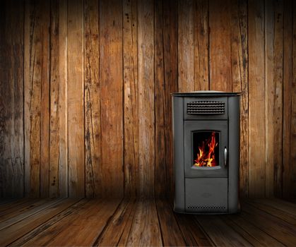 cozy interior backdrop of a wooden lodge with burning stove