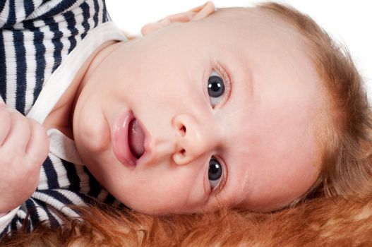 Close-up portrait of newborn baby lying on fur