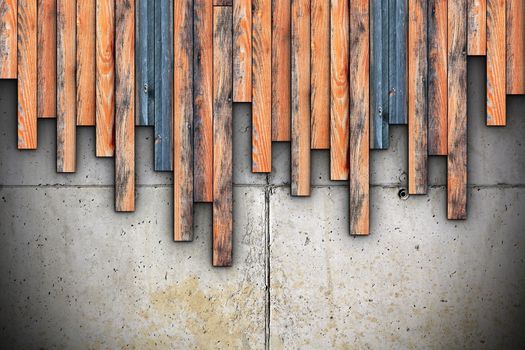 detailed architecture materials on site, grungy planks montage on concrete