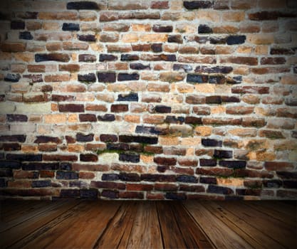 indoor backdrop with neglected wall and wooden planks floor