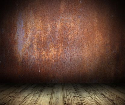 industrial interior background with rusty metal wall and wood floor