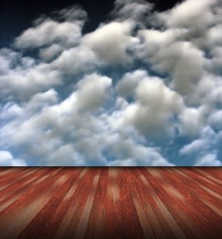 natural abstract backdrop with mahogany veranda and beautiful blue sky