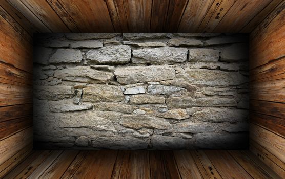 old interior background with weathered stone wall and wooden floor and ceiling