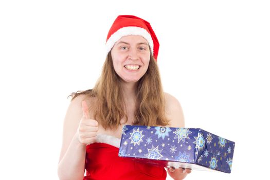 Mrs. Claus very happy about this beautiful blue gift
