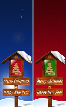 Two vertical banners with wooden signboard with text "Merry Christmas and Happy New Year" and small wooden stylized christmas tree

