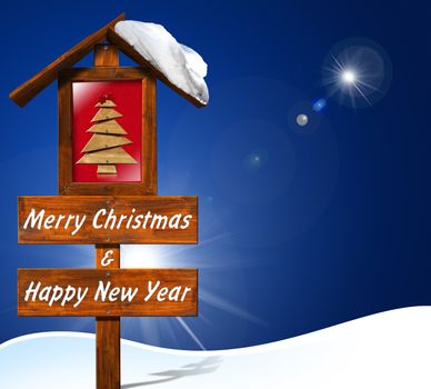 Wooden signboard with text "Merry Christmas and Happy New Year", a small wooden stylized christmas tree, sky and snow

