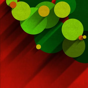 Circles of velvet, yellow, orange and green on red velvet background with shadows