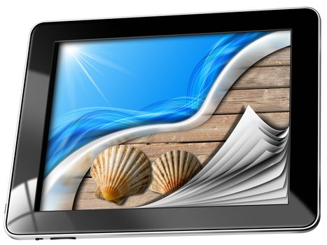Tablet computer with pages, two seashells on wooden floor with sand, stylized waves and sunlight, concept of summer vacations
