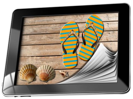 Tablet computer with pages, seashells and flip flops sandals on wooden floor with sand, concept of sea holiday
