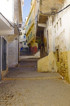Old street in Moulay Idriss in  Morocco. It is holy town for the Moroccan people. It was here that Moulay Idriss I arrived in 789, bringing with him the religion of Islam and starting new dynasty.