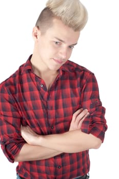 Man with crossed arms in a red shirt, isolated on white