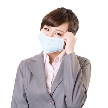 Sick business woman of Asian in mask, closeup portrait isolated on white background.