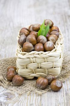 hazelnuts in a basket on old wooden background