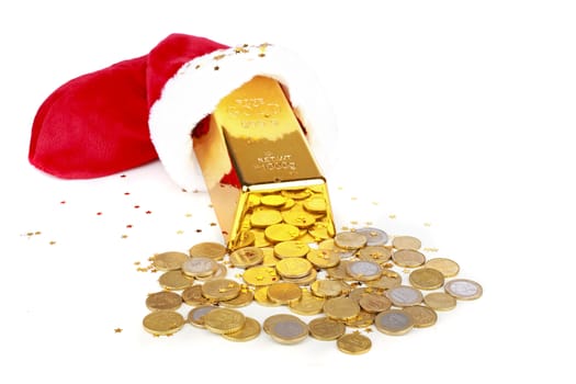 Gold bar and euro money out of santa's hat