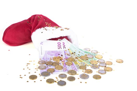 Santa's hat with euro coins and presents
