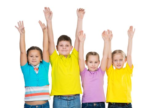 children in a row, wearing a hat. isolated on white background