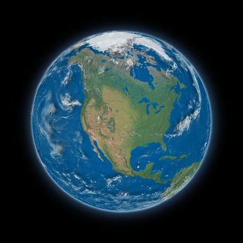 North America on blue planet Earth isolated on black background. Highly detailed planet surface. Elements of this image furnished by NASA.