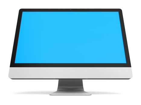Modern desktop computer with blue screen isolated on white background