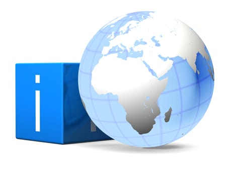 Information sign on cube with globe, isolated on white background 