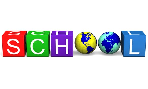 School sign made of cubes with letters and globes, isolated on white background 