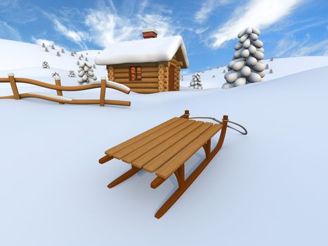 Picturesque winter scenery with log cabin and sledge 
