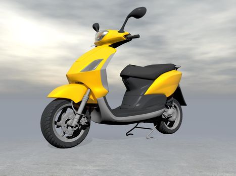 Single yellow scooter standing in grey background