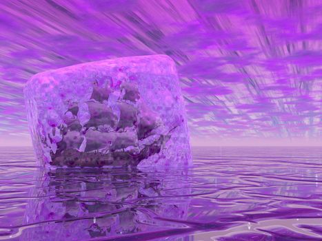 Old ship imprisonned in an ice cube on water by violet day
