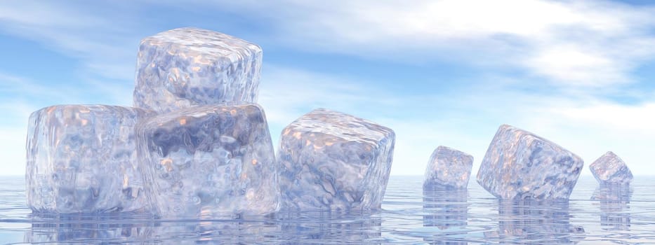 Close up on many ice cubes in water by beautiful day