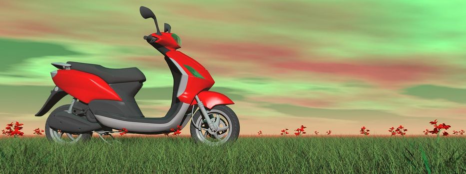 Single red scooter standing on green grass with flowers by colorful sunset