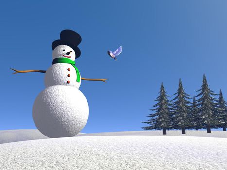 One snowman standing on the snow talking to a bird nex with fir tree by beautiful blue day