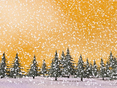 Winter landscape with falling snow covering mountains and fir trees by sunset sky