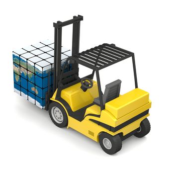Concept of global transportation, modern yellow forklift carrying planet Earth in form of cube, isolated on white background. Elements of this image furnished by NASA.