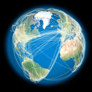 Planet Earth with connections between cities and continents representing global airline networks. Elements of this image furnished by NASA