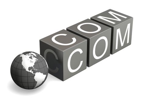 Dot com sign with planet earth model isolated on white background