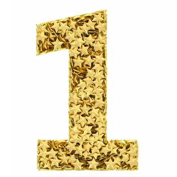 Number 1 composed of golden stars isolated on white. High resolution 3D image