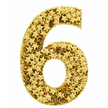 Number 6 composed of golden stars isolated on white. High resolution 3D image
