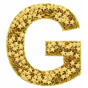 Letter G composed of golden stars isolated on white. High resolution 3D image