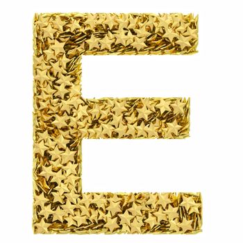 Letter E composed of golden stars isolated on white. High resolution 3D image