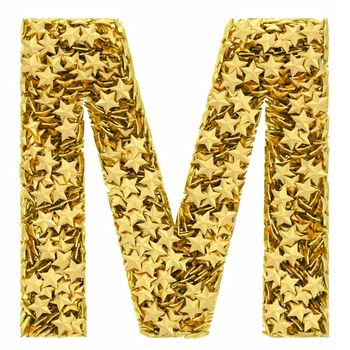 Letter M composed of golden stars isolated on white. High resolution 3D image