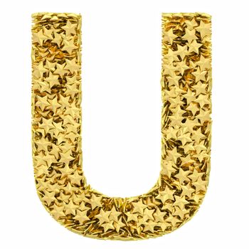 Letter U composed of golden stars isolated on white. High resolution 3D image