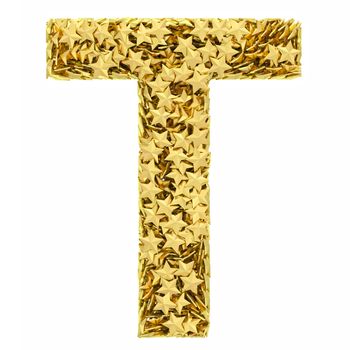 Letter T composed of golden stars isolated on white. High resolution 3D image