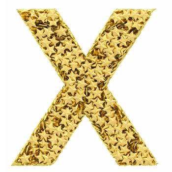 Letter X composed of golden stars isolated on white. High resolution 3D image