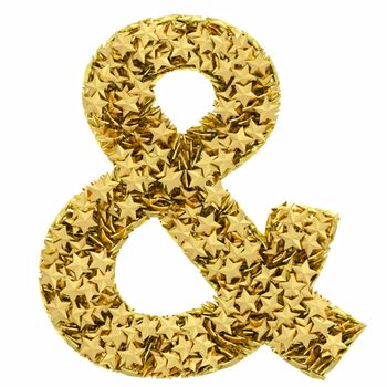 Ampersand sign composed of golden stars isolated on white. High resolution 3D image