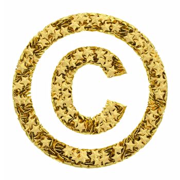 Copyright sign composed of golden stars isolated on white. High resolution 3D image
